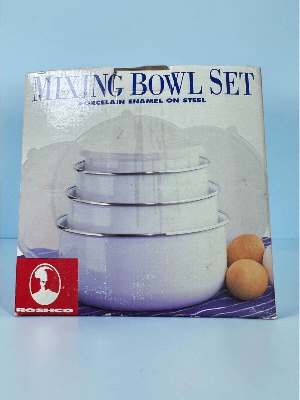 Roshco Porcelain Enamel Steel Set Mixing Bowls With Lids, Vintage, New In Box